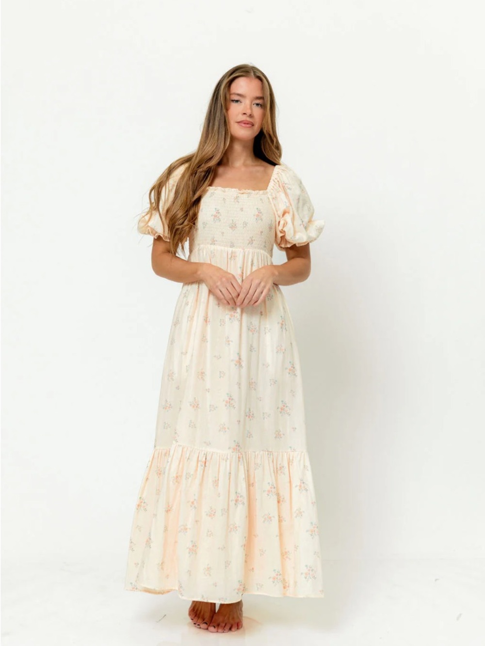 Cream Floral Square-Neck Maxi Dress with Puff Sleeves